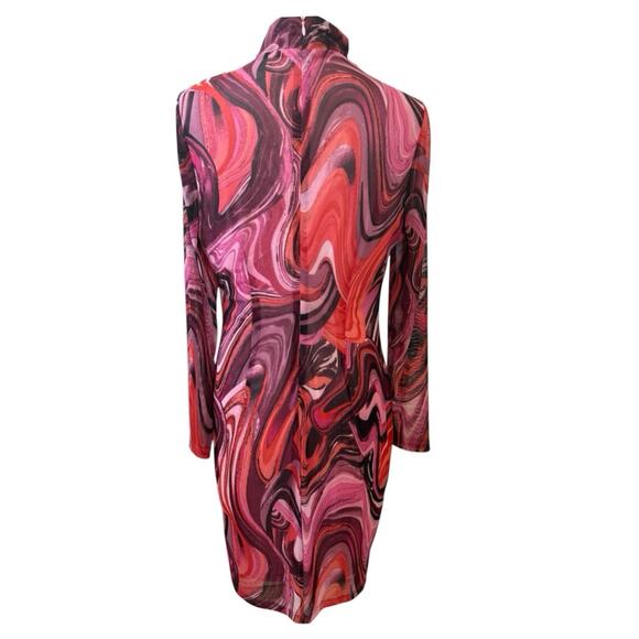 Bar III Red Pink Black Long Sleeve Sheer Dress Large - Picture 2 of 3